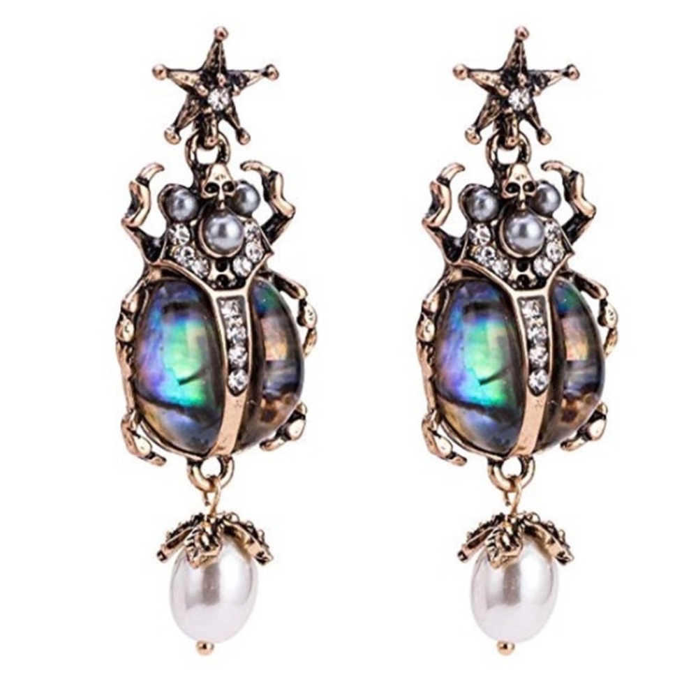 Scarab Beetle Cultured Pearl with Skull Earrings